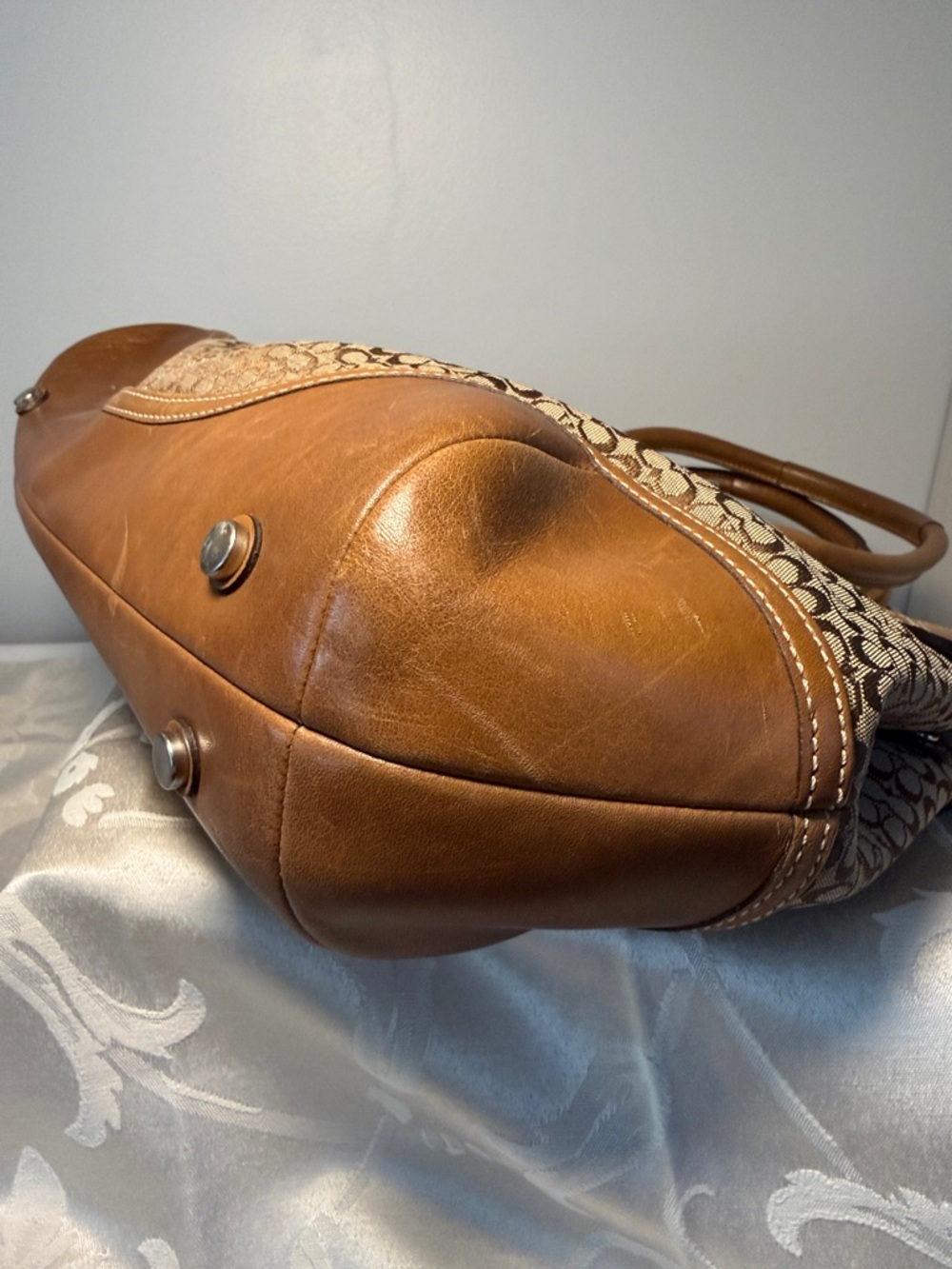Coach Brown Signature Canvas Shoulder Satchel with Tan Leather Trim - Picture 6 of 13